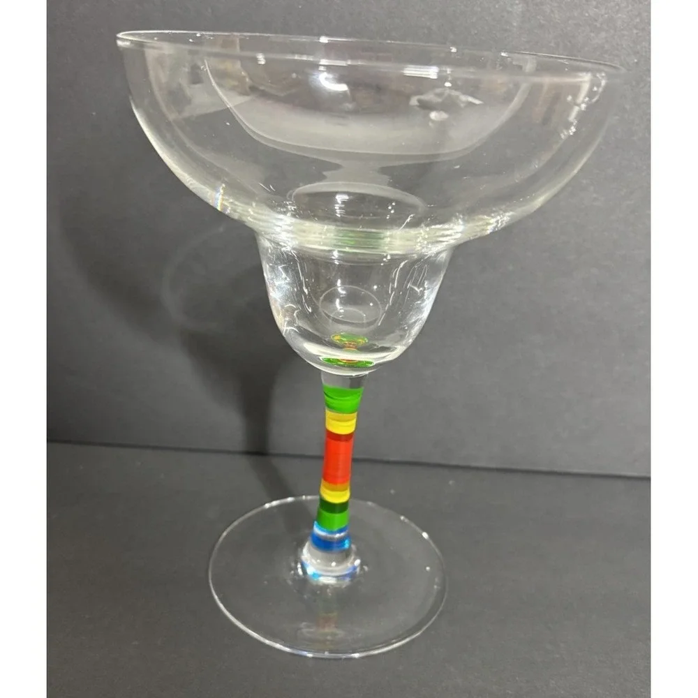 2 Margarita Glasses Multi-Colored Hand Painted Rainbow Stem Hand Blown